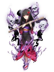 Rule 34 | 1girl, aged down, aura, black hair, blunt bangs, character request, clog sandals, full body, hair ornament, japanese clothes, kageshio (276006), kimono, long hair, long sleeves, looking at viewer, nail polish, obi, red eyes, red nails, sandals, sash, sennen sensou aigis, simple background, skull, solo, standing, tabi, white background, wide sleeves, zouri