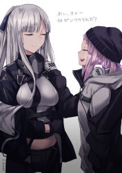 Rule 34 | 2girls, ak-12 (girls&#039; frontline), beanie, closed eyes, girls&#039; frontline, gloves, hat, headphones, headphones around neck, highres, jacket, mishima hiroji, mk 153 (girls&#039; frontline), multiple girls, pink hair, silver hair, smile, tactical clothes, trait connection, translation request, twitter username