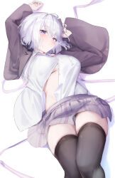 Rule 34 | 1girl, arms up, black jacket, black thighhighs, blazer, blush, bow, bowtie, breast pocket, breasts, commentary, grey skirt, gyoku seisyoku, highres, indie virtual youtuber, jacket, large breasts, legs together, long hair, long sleeves, looking at viewer, lying, miniskirt, naito mare (vtuber), on back, open clothes, open jacket, open shirt, partially unbuttoned, pink bow, pink bowtie, pleated skirt, pocket, purple eyes, school uniform, shirt, short hair, skirt, solo, thighhighs, virtual youtuber, white hair, white shirt