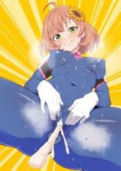 Rule 34 | 1girl, anus, ass, blue bodysuit, blush, bodysuit, breasts, breasts apart, censored, commission, cosplay, cum, cum overflow, cumdrip, d.va (overwatch) (cosplay), flower, from below, gloves, green eyes, grin, hair flower, hair ornament, head tilt, highres, honma himawari, impossible bodysuit, impossible clothes, looking at viewer, medium breasts, mosaic censoring, nijisanji, nipples, orange hair, overwatch, pussy, short hair, silberspoon, skeb commission, smile, solo, speed lines, spread legs, spread pussy, steaming body, stomach, sunflower, sunflower hair ornament, sweat, textless version, virtual youtuber, white gloves