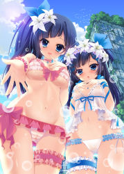 Rule 34 | 2girls, :d, :o, animal, babydoll, bikini, bird, blue eyes, blue hair, blue sky, blunt bangs, blush, bow, bow bikini, bra, breasts, bridal garter, building, cameltoe, character request, copyright request, cowboy shot, day, diagonal bangs, earrings, finger to mouth, flower, flying, frilled bikini, frilled garter, frilled panties, frilled swimsuit, frills, from below, groin, hair flower, hair ornament, hand on own chest, hands on own chest, head wreath, highres, ichi rin, jewelry, looking at viewer, looking down, lowleg, lowleg panties, medium breasts, multicolored bikini, multicolored clothes, multiple girls, navel, open mouth, outdoors, outstretched hand, panties, parted lips, pink bra, pink panties, ponytail, ruins, see-through, siblings, side ponytail, sisters, sky, skyscraper, small breasts, smile, standing, striped bra, striped clothes, striped panties, swimsuit, thigh gap, thigh strap, underboob, undersized clothes, underwear, underwear only, upper body, water, wet, white babydoll, white panties, window, wristband