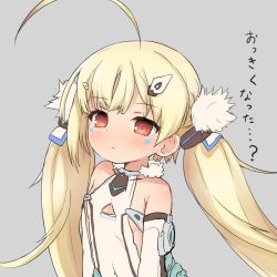 Rule 34 | 1girl, ahoge, azur lane, bare shoulders, blonde hair, blush, breasts, cleavage cutout, closed mouth, clothing cutout, commentary request, detached sleeves, dot nose, eldridge (azur lane), empty eyes, facial mark, grey background, hair ornament, hairclip, highres, huge ahoge, jitome, long hair, red eyes, simple background, small breasts, solo, twintails, very long hair, yakihebi