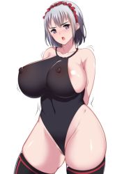 Rule 34 | 10s, 1girl, breasts, chaika bogdan, covered erect nipples, female focus, female pubic hair, hair ornament, highleg, highres, hitsugi no chaika, huge breasts, impossible clothes, nipples, one-piece swimsuit, open mouth, pubic hair, purple eyes, see-through, short hair, shumichi, silver hair, simple background, solo, standing, swimsuit, thighhighs, trembling, uncensored, white background