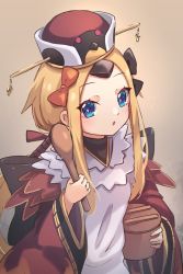 Rule 34 | abigail williams (fate), benienma (fate), benienma (fate) (cosplay), bird hat, black bow, blonde hair, blue eyes, bow, breasts, brown kimono, cosplay, fate/grand order, fate (series), forehead, highres, japanese clothes, kimono, long hair, long sleeves, low ponytail, miya (miyaruta), multiple bows, orange bow, parted bangs, ponytail, shamoji, sidelocks, small breasts, solo, wide sleeves, wooden spoon
