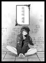 Rule 34 | 1girl, ^ ^, absurdres, aged down, bandaid, bandaid on cheek, bandaid on face, bare legs, barefoot, baseball cap, black border, blue archive, blush, border, brick wall, closed eyes, collarbone, commentary request, facing viewer, greyscale, halo, hands on own feet, hat, highres, korean commentary, korean text, monochrome, on ground, rodeong r, saori (blue archive), sitting, smile, soles together, solo, toes, translation request