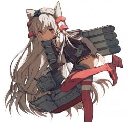 Rule 34 | 10s, 1girl, amatsukaze (kancolle), black dress, dress, gloves, grey eyes, hair tubes, hairband, hat, high heels, highres, kantai collection, leg up, lifebuoy, long hair, long sleeves, looking at viewer, mini hat, red footwear, red thighhighs, rensouhou-kun, sailor collar, sailor dress, shadow, shoes, short dress, silver hair, simple background, single glove, solo, standing, standing on one leg, striped clothes, striped thighhighs, swim ring, thighhighs, two side up, very long hair, white background, white gloves, yasiromann