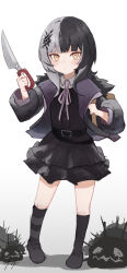 Rule 34 | 1girl, asymmetrical legwear, backpack, bag, belt, belt buckle, black belt, black dress, black footwear, black hair, black jacket, black socks, brown eyes, buckle, closed mouth, collared shirt, commentary request, dress, full body, fur-trimmed jacket, fur trim, grey hair, highres, holding, hololive, hololive english, jacket, kneehighs, long hair, long sleeves, looking at viewer, mismatched legwear, multicolored hair, neck ribbon, open clothes, open jacket, pink ribbon, puffy long sleeves, puffy sleeves, punished pigeon, ribbon, shiori novella, shirt, shoes, simple background, socks, solo, striped clothes, striped socks, two-tone hair, virtual youtuber, white background, white shirt