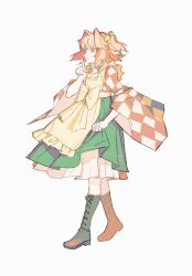 Rule 34 | 1girl, apron, boots, checkered clothes, checkered kimono, chinese commentary, closed mouth, clothes writing, commentary request, frilled apron, frills, full body, green skirt, highres, index finger raised, japanese clothes, kimono, miko (15476997), motoori kosuzu, orange eyes, orange hair, petticoat, ribbon, short hair, simple background, skirt, smile, solo, touhou, white background, yellow apron, yellow ribbon
