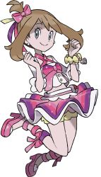Rule 34 | 10s, 1girl, alternate costume, blue eyes, bow, brown hair, creatures (company), earrings, full body, game freak, hair bow, hair ribbon, heart, high heels, highres, idol, jewelry, jumping, looking at viewer, may (pokemon), may (pokemon oras), midriff, nintendo, official art, pokemon, pokemon oras, ribbon, short sleeves, shorts, shorts under skirt, showgirl skirt, side ponytail, smile, solo, sugimori ken, transparent background, two side up