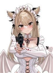 Rule 34 | 1girl, 3:, absurdres, aiming, aiming at viewer, animal ear fluff, animal ears, blush, breasts, brown eyes, brown hair, center opening, chest tattoo, closed mouth, collarbone, commission, cross-laced clothes, crying, crying with eyes open, cum, demon girl, demon horns, demon tail, demon wings, detached collar, elbow gloves, facial, fingerless gloves, gaai, gloves, gun, highres, holding, holding gun, holding weapon, horns, large breasts, leotard, long hair, maid headdress, navel, no pupils, original, tail, tattoo, tears, upper body, very long hair, weapon, white gloves, white leotard, white wings, wings