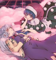 Rule 34 | 2girls, black dress, blue eyes, blue hair, book, brown jacket, closed eyes, closed mouth, doremy sweet, dress, feathered wings, grey hair, grey wings, hat, highres, jacket, kishin sagume, long sleeves, multiple girls, nightcap, open clothes, open jacket, open mouth, orz (kagewaka), pom pom (clothes), purple dress, red headwear, short hair, single wing, smile, tail, tapir tail, touhou, white dress, wings