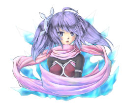 Rule 34 | 1girl, bloody girl, blush, breasts, colorized, dance princess of the ice barrier, duel monster, looking at viewer, purple eyes, purple hair, scarf, shintani tsushiya, simple background, solo, white background, yu-gi-oh!