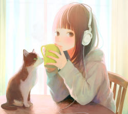 Rule 34 | 1girl, animal, blunt bangs, brown hair, cable, cat, chair, closed mouth, coffee mug, commentary request, cup, day, fingernails, headphones, highres, hinata (lipcream), holding, holding cup, long sleeves, looking at viewer, mug, nail polish, on chair, original, pink nails, sitting, sleeves past wrists, solo, sunlight, table