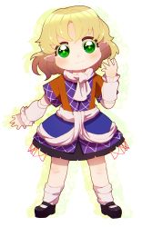 Rule 34 | 1boy, 1girl, absurdres, arm warmers, black footwear, black shirt, black skirt, blonde hair, brown jacket, chibi, closed mouth, commentary, dungeon toaster, full body, green eyes, highres, jacket, layered clothes, looking at viewer, mary janes, mizuhashi parsee, multicolored clothes, multicolored jacket, pointy ears, sash, scarf, shirt, shoes, short hair, short sleeves, skirt, smile, socks, solo, touhou, white sash, white scarf, white socks