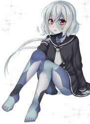 Rule 34 | 10s, 1girl, barefoot, black dress, black sailor collar, collarbone, commentary request, dress, feet, fingernails, flying sweatdrops, grey nails, grey neckerchief, hair between eyes, hanazome dotera, konno junko, long hair, long sleeves, looking at viewer, low twintails, nail polish, neckerchief, parted lips, patchwork skin, red eyes, sailor collar, sailor dress, silver hair, sleeves past wrists, solo, sparkle background, stitched face, stitched leg, stitches, toenail polish, toenails, twintails, very long hair, white background, zombie, zombie land saga