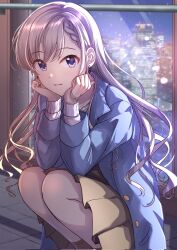 Rule 34 | 1girl, :3, blue coat, blue eyes, blush, bracelet, braid, braided bangs, brown skirt, brown socks, citrusmikan, cityscape, closed mouth, coat, dot nose, earrings, elbows on knees, grey hair, head rest, highres, hisakawa hayate, idolmaster, idolmaster cinderella girls, idolmaster cinderella girls starlight stage, jewelry, long hair, long sleeves, looking at viewer, necklace, night, open clothes, open coat, pavement, skirt, smile, socks, solo, squatting, sweater, very long hair, white sweater, window