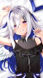 Rule 34 | 1girl, amane kanata, amane kanata (work), arm up, bed sheet, black dress, black ribbon, blue hair, blue nails, blush, colored inner hair, dress, feathered wings, hair between eyes, hair ornament, hairclip, halo, halo removed, heart, heart in eye, highres, hololive, jewelry, lying, merxkialis, multicolored hair, nail polish, neck ribbon, necklace, on back, on bed, parted lips, pink eyes, ribbon, silver hair, single hair intake, single wing, smile, solo, symbol in eye, two-tone hair, two side up, upper body, virtual youtuber, white wings, wings