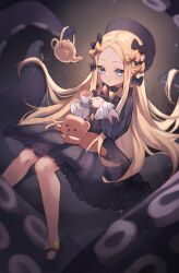 Rule 34 | 1girl, abigail williams (fate), black bow, black dress, black hat, blonde hair, blue eyes, blush, bow, breasts, cup, dress, fate/grand order, fate (series), forehead, hair bow, hat, highres, long hair, long sleeves, looking at viewer, miya (miyaruta), multiple hair bows, orange bow, parted bangs, ribbed dress, saucer, sleeves past fingers, sleeves past wrists, small breasts, solo, stuffed animal, stuffed toy, tea, teacup, teapot, teddy bear, tentacles