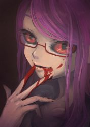 Rule 34 | 10s, 1girl, black sclera, blood, blood on face, blood on hands, colored sclera, creepy, dress, glasses, hand to own mouth, kamishiro rize, long hair, purple hair, red eyes, semi-rimless eyewear, smile, solo, tokyo ghoul, trico hama, under-rim eyewear, upper body