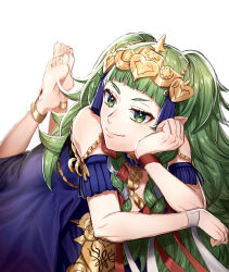 Rule 34 | 1girl, absurdres, anklet, arm support, barefoot, blue dress, blunt bangs, braided sidelock, closed mouth, commentary request, detached sleeves, dress, eyelashes, feet, feet up, fire emblem, fire emblem: three houses, full body, green eyes, green hair, hand up, highres, jewelry, long hair, looking at viewer, lying, nintendo, on stomach, pointy ears, red ribbon, ribbon, shadow, short eyebrows, short sleeves, shuri (riri shu), simple background, smile, soles, solo, sothis (fire emblem), the pose, tiara, toes, white background, white ribbon, wristband