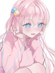 Rule 34 | 1girl, @ @, absurdres, asa going, blue eyes, bocchi the rock!, breasts, chromatic aberration, cube hair ornament, fingernails, flustered, gotoh hitori, hair between eyes, hair ornament, highres, jacket, knees to chest, long hair, long sleeves, medium breasts, one side up, open mouth, pink hair, pink jacket, simple background, sleeves past wrists, solo, sweatdrop, track jacket, twitter username, white background
