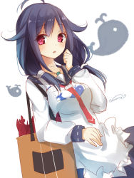 Rule 34 | 10s, 1girl, ahoge, bad id, bad pixiv id, bag, black hair, breasts, hair flaps, jewelry, kantai collection, looking at viewer, low twintails, magatama, nunucco, parted lips, patch, pendant, red eyes, school uniform, serafuku, shopping bag, signature, simple background, sketch, solo, taigei (kancolle), twintails, whale