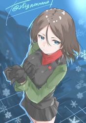 Rule 34 | 10s, 1girl, absurdres, black gloves, black hair, black skirt, black vest, blue eyes, closed mouth, commentary, emblem, from above, girls und panzer, glove pull, gloves, green jacket, hair between eyes, highres, jacket, light smile, long hair, long sleeves, looking at viewer, military, military uniform, miniskirt, nonna (girls und panzer), one-hour drawing challenge, pleated skirt, pravda military uniform, red shirt, shignonpencil, shirt, skirt, snowflake background, solo, standing, swept bangs, turtleneck, twitter username, uniform, vest, wind