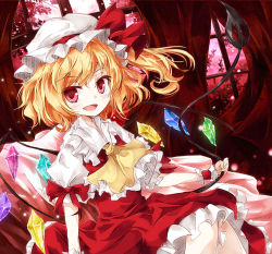 Rule 34 | 1girl, ascot, bad id, bad pixiv id, blonde hair, bow, dress, fang, female focus, flandre scarlet, glowing, glowing wings, hat, hat ribbon, laevatein, looking at viewer, mob cap, open mouth, pink eyes, red dress, ribbon, side ponytail, sitting, smile, solo, tamago gohan, touhou, window, wings, wrist cuffs