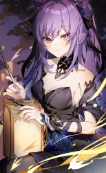 Rule 34 | 1girl, black choker, black dress, blush, breasts, choker, cleavage, commentary request, detached sleeves, dress, genshin impact, highres, holding, keqing (genshin impact), keqing (opulent splendor) (genshin impact), long hair, looking at viewer, medium breasts, nail polish, purple eyes, purple hair, purple nails, qxs, short sleeves, smile, solo, strapless, strapless dress, twintails, upper body, very long hair, wrist cuffs