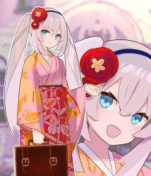 Rule 34 | 1girl, blue eyes, blush, breasts, briefcase, closed mouth, fate/grand order, fate (series), floral print, flower, hair flower, hair ornament, hakama, hakama skirt, highres, japanese clothes, kimono, long hair, long sleeves, looking at viewer, marie antoinette (fate), multiple views, open mouth, pink kimono, projected inset, red hakama, silver hair, skirt, smile, twintails, very long hair, wide sleeves, zenshin