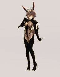 Rule 34 | 1girl, absurdres, animal ears, bodysuit, breasts, brown hair, closed eyes, commission, corruption, full body, grey background, hand on own chest, highres, medium breasts, original, rabbit ears, rabbit girl, rabbit tail, shen hai ichigo, short hair, skin tight, solo, standing, tail, variant set