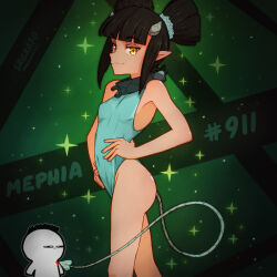 Rule 34 | 1girl, black hair, english text, horns, mephia, one-piece swimsuit, pointy ears, srgrafo, swimsuit, tail, yellow eyes