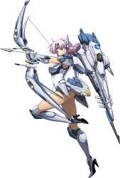 Rule 34 | 1girl, armored boots, arrow (projectile), blue eyes, boots, bow (weapon), closed mouth, floating hair, full body, gauntlets, hair intakes, high heel boots, high heels, highres, holding, holding arrow, holding bow (weapon), holding weapon, langrisser, leotard, medium hair, narm (langrisser), official art, pink hair, solo, transparent background, weapon, white leotard