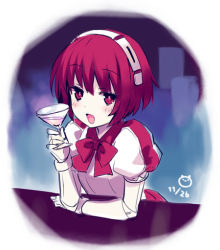 Rule 34 | 1girl, android, blush, bow, bowtie, cocktail glass, cup, dorothy haze, drinking glass, glass, joints, looking at viewer, open mouth, pink bow, pink bowtie, pink eyes, puffy sleeves, red hair, robot, robot joints, short hair, skirt, solo, tsunako, va-11 hall-a