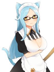 Rule 34 | 1girl, animal ears, apron, black-framed eyewear, black dress, black ribbon, blue hair, blush, braid, breasts, broom, cat ears, cat tail, cleavage, cleavage cutout, closed mouth, clothing cutout, cowboy shot, dress, fang, french braid, frilled apron, frills, glasses, highres, large breasts, light blue hair, long hair, looking at viewer, maid, maid headdress, neck ribbon, nezuko, original, parted bangs, paw print, puffy short sleeves, puffy sleeves, ribbon, semi-rimless eyewear, short sleeves, sidelocks, simple background, solo, striped, tail, under-rim eyewear, white apron, white background, wing collar, yellow eyes