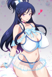 Rule 34 | 1girl, alternate breast size, alternate costume, blue bow, blue bowtie, blue eyes, blue hair, bow, bowtie, breasts, cleavage, covered erect nipples, cure white, earrings, futari wa precure, gradient background, grey background, heart, highres, huge breasts, jewelry, joy ride, long hair, looking at viewer, magical girl, midriff, navel, navel piercing, parted lips, piercing, precure, see-through, see-through skirt, sitting, skirt, solo, sparkle background, thighs, yukishiro honoka