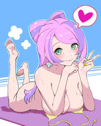 Rule 34 | :3, barefoot, blue background, blush, bottomless, breasts, cleavage, creatures (company), earrings, game freak, green eyes, heart, highres, jewelry, large breasts, long hair, looking at viewer, lying, miriam (pokemon), nail polish, nintendo, on stomach, pink hair, pink lips, pokemon, pokemon sv, smile, sweat, towel, undone bra, v, yellow nails