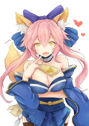 Rule 34 | 10s, 1girl, animal ears, black thighhighs, blush, bow, breasts, cleavage, detached sleeves, fang, fate/extra, fate (series), fox ears, fox tail, hair bow, hair ribbon, highres, horusu (sa1230red), japanese clothes, large breasts, open mouth, pink hair, ribbon, simple background, sketch, solo, tail, tamamo no mae (fate/extra), thighhighs, ticket, valentine, white background, yellow eyes