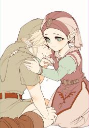 Rule 34 | 1boy, 1girl, belt, blonde hair, blue eyes, boots, bracelet, brown footwear, couple, crying, dress, duoj ji, closed eyes, green headwear, green tunic, hand on another&#039;s shoulder, hat, highres, jewelry, juliet sleeves, kneeling, laughing, link, long sleeves, mob cap, multicolored clothes, multicolored dress, nintendo, pink dress, pointy ears, princess zelda, puffy sleeves, short hair, short sleeves, tears, the legend of zelda, the legend of zelda: ocarina of time, triforce, white background, young link, young zelda