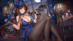 Rule 34 | 1girl, ark order, bare shoulders, black footwear, black gloves, black headwear, black pantyhose, blue dress, blue headwear, blunt bangs, blush, breasts, bug, butterfly, cleavage, commentary request, cosmetics, d. (ddot2018), desk lamp, dress, earrings, facial mark, feet out of frame, forehead mark, full moon, gloves, high heels, highres, holding, holding shoes, indoors, insect, jewelry, knees up, lamp, large breasts, lipstick, lipstick tube, long hair, looking at viewer, makeup, md5 mismatch, mirror, moon, necklace, night, official art, pantyhose, phone, pumps, red hair, resolution mismatch, revision, shelf, shoes, unworn shoes, single sidelock, sitting, sleeveless, sleeveless dress, solo