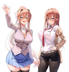 Rule 34 | 2girls, absurdres, arm at side, arm up, belt, belt buckle, black pantyhose, black shorts, blazer, blue eyes, blue skirt, blush, breasts, brown hair, brown jacket, buckle, closed mouth, collared shirt, commission, curvy, doki doki literature club, green eyes, hair between eyes, hair ornament, hair ribbon, hand on own hip, high ponytail, highres, jacket, large breasts, long hair, long sleeves, machulanko, makise kurisu, miniskirt, monika (doki doki literature club), multiple girls, necktie, open mouth, orange sweater, orange vest, over-kneehighs, pantyhose, pleated skirt, ponytail, red necktie, ribbon, school uniform, shirt, shorts, simple background, skin tight, skirt, smile, steins;gate, straight hair, sweater, teeth, thick thighs, thighhighs, thighs, tongue, upper teeth only, very long hair, vest, waving, white background, white ribbon, white shirt, wing collar