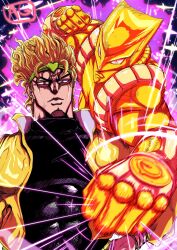 Rule 34 | 1boy, absurdres, aura, batm andrew, blonde hair, dio brando, frown, hands on own hips, headband, heart, highres, jacket, jojo no kimyou na bouken, male focus, motion blur, muscular, signature, stand (jojo), stardust crusaders, the world, yellow eyes, yellow jacket
