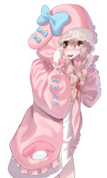 Rule 34 | 1girl, absurdres, bali 228, blue bow, blush, bow, braid, brown eyes, commentary, cosplay, dress, genderswap, genderswap (mtf), hair between eyes, hair bobbles, hair ornament, highres, hood, hood up, jacket, long hair, long sleeves, looking at viewer, my melody, my melody (cosplay), onegai my melody, onii-chan wa oshimai!, open clothes, open jacket, open mouth, oyama mahiro, pink hair, pink hood, pink jacket, puffy long sleeves, puffy sleeves, sanrio, simple background, solo, twin braids, wavy mouth, white background, white dress