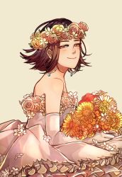 Rule 34 | 1girl, araiguma (gomipanda123), bare shoulders, beige background, brown hair, closed mouth, commentary request, dress, dress flower, ear piercing, earrings, elbow gloves, flipped hair, flower, from side, gloves, golden kamuy, hair flower, hair ornament, highres, holding, holding flower, hoop earrings, inkarmat, jewelry, lips, looking at viewer, looking to the side, medium hair, orange flower, piercing, red eyes, red flower, rose, simple background, sleeveless, sleeveless dress, smile, solo, standing, upper body, white dress, white flower, white gloves, white rose, yellow background