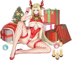 Rule 34 | 1girl, animal ears, areola slip, armpits, bare shoulders, bell, blonde hair, blue eyes, blush, box, breasts, candle, christmas, christmas lights, christmas ornaments, christmas present, christmas tree, clothing cutout, covered erect nipples, covered navel, crotch cutout, crotch seam, deer ears, fake animal ears, fake antlers, fishnet thighhighs, fishnets, fur-trimmed footwear, fur-trimmed leotard, fur trim, gift, gift bag, gift box, green ribbon, grin, groin, groin tendon, hair intakes, hair ornament, heart, heart cutout, high heels, highleg, highleg leotard, highres, huge breasts, jingle bell, last origin, leotard, light green hair, linea alba, long hair, looking at viewer, mistletoe hair ornament, neck ribbon, no bra, official alternate costume, official art, parted lips, partially visible vulva, pinecone, pink ribbon, red footwear, red leotard, red ribbon, red thighhighs, red wrist cuffs, ribbed leotard, ribbon, sitting, skindentation, smile, snowflake print, solo, star ornament, striped ribbon, taesi, thighhighs, transparent background, underboob, underboob cutout, very long hair, wraithy (last origin), wrist cuffs, yokozuwari