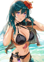 Rule 34 | 1girl, belt, bikini, black bikini, black capelet, blue hair, blush, breasts, byleth (female) (fire emblem), byleth (female) (summer) (fire emblem), byleth (fire emblem), capelet, cleavage, collarbone, dagger, fire emblem, fire emblem: three houses, fire emblem heroes, flower, hair between eyes, hair flower, hair ornament, highres, knife, large breasts, long hair, looking at viewer, navel, nintendo, official alternate costume, ormille, parted lips, purple eyes, swimsuit, thighs, wading, weapon, wet