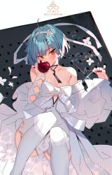 Rule 34 | 1girl, ahoge, apple, bare shoulders, blue hair, blush, bow, breasts, choker, cleavage, collarbone, covering own mouth, dress, food, fruit, girls&#039; frontline, hair ornament, hairband, highres, jewelry, looking at viewer, nail polish, necklace, official alternate costume, orange eyes, red nails, ribbon, short hair, solo, soukou makura, thighhighs, white dress, white thighhighs, zas m21 (affections behind the bouquet) (girls&#039; frontline), zas m21 (girls&#039; frontline)