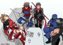 Rule 34 | 2girls, 3boys, armor, artist name, bandaged arm, bandaged leg, bandages, belt, black gloves, black hair, bodysuit, boots, breast rest, breasts, brown hair, capcom, cleaning, cleaning weapon, closed eyes, couch, crossed arms, crossed legs, crossover, cup, drinking glass, fingerless gloves, fishnets, gauntlets, gloves, hair ornament, hair up, hairpin, hand on leg, hibana, holding, holding cup, hotsuma, indesign, invisible chair, kage-maru, kunoichi (game), large breasts, leaning back, light brown hair, long hair, long sleeves, magazine (object), mask, multiple boys, multiple crossover, multiple girls, namco, natsu (soulcalibur), ninja, ninja gaiden, open mouth, pauldrons, plasma sword, project x zone 2, red gloves, red scarf, ryu hayabusa, scarf, sega, shinobi (game), shinobi (ps2), short hair, shoulder armor, sitting, skin tight, sleeveless, soul calibur, soulcalibur, soulcalibur v, spikes, strider (video game), strider hiryuu, sword, tabi, tecmo, tonfa, trait connection, vambraces, virtua fighter, weapon, weapon on back, white background, white bodysuit