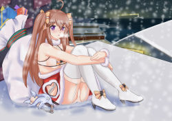 Rule 34 | 1girl, absurdres, ahoge, boots, breasts, brown hair, chain, cleavage, garter straps, gift, highres, hip vent, hugging own legs, long hair, panties, purple eyes, sack, sideboob, snow, solo, thigh boots, thighhighs, twintails, underwear, vauquelin (warship girls r), warship girls r, wolpe