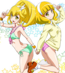 Rule 34 | 10s, 2girls, :d, ass, bikini, blonde hair, blush, boots, cure peace, dual persona, green bikini, hair flaps, hair ornament, hairband, holding hands, kise yayoi, looking at viewer, marugoshi teppei, multiple girls, necktie, no pants, open mouth, precure, shoes, short hair, side-tie bikini bottom, simple background, smile, smile precure!, star (symbol), sweater, swimsuit, v, white hairband, yellow eyes